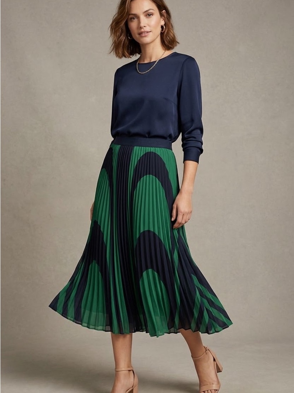 Ann Taylor Navy and Green Pleated Midi Skirt